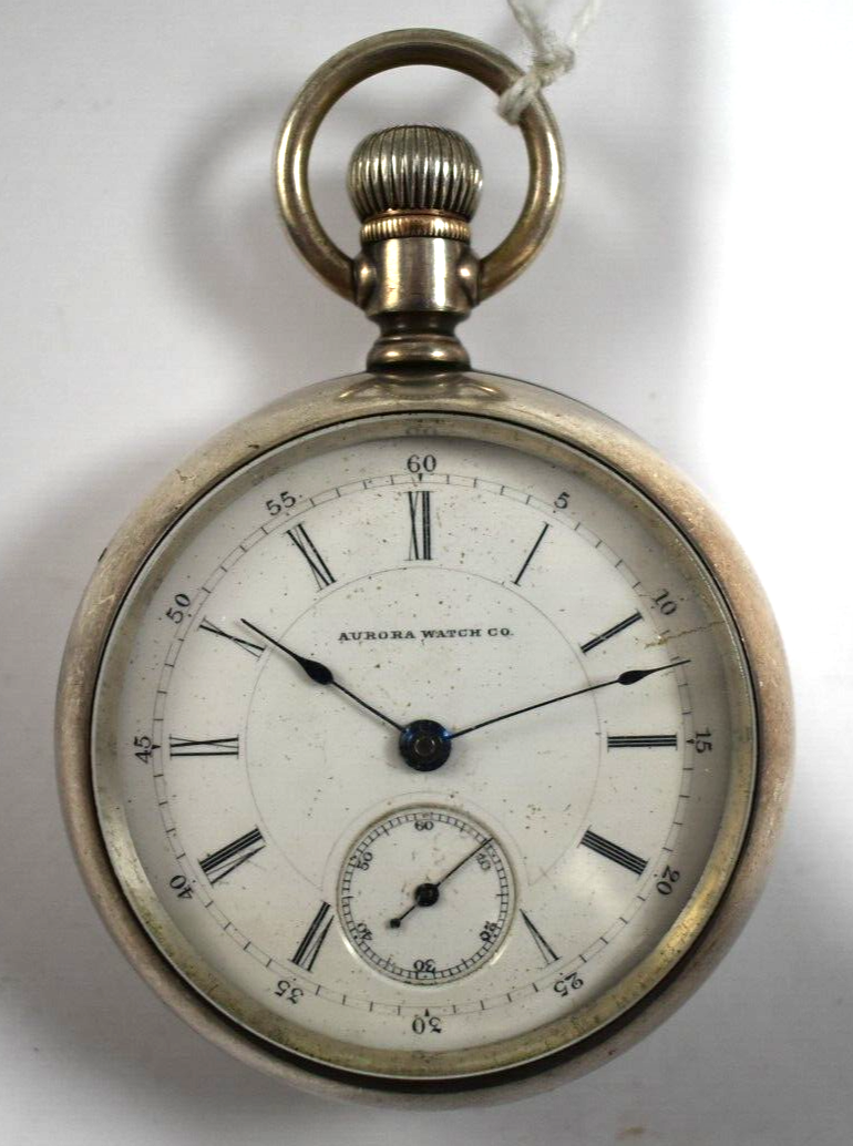 Vintage Aurora Watch Co 18s 15J OF Pocket Watch w/Sterling Silver Case