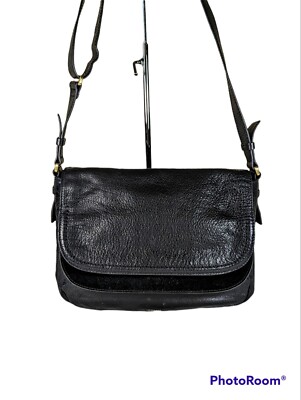 Fossil Payton Double Flap Black Leather Suede Accent Crossbody Bag Purse