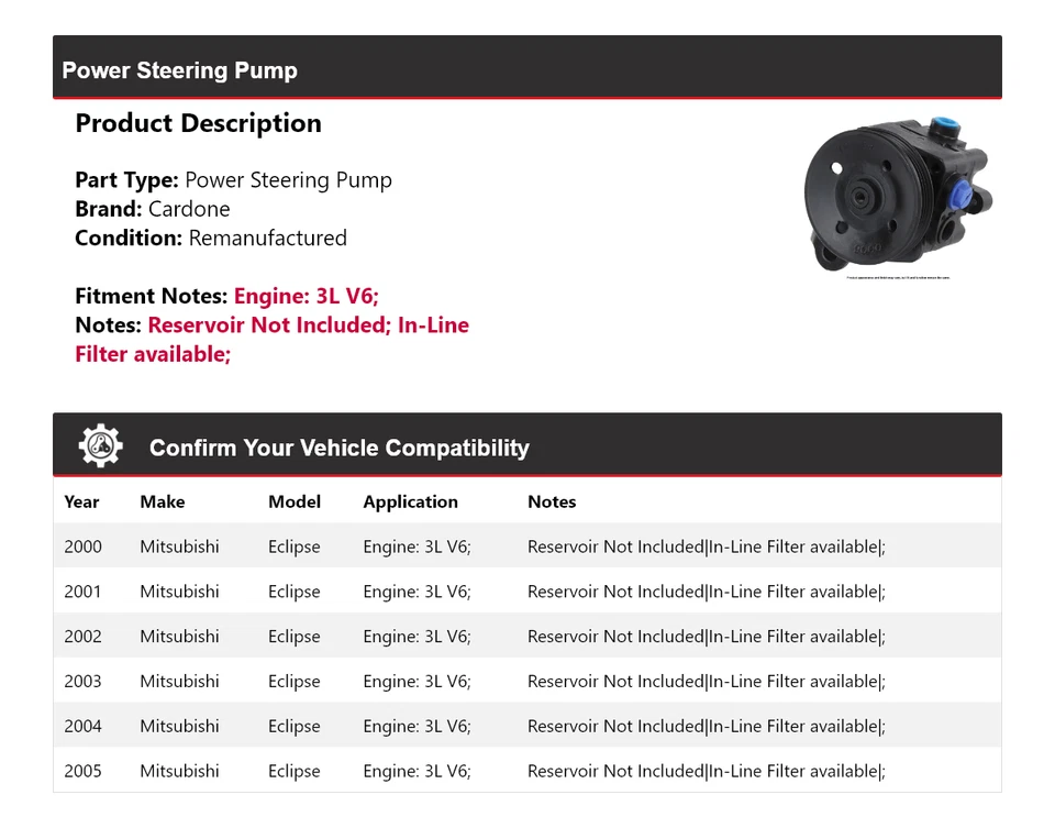 Bomba de dirección asistida Cardone 2001 2002 para Mitsubishi Eclipse 3L V6 2000-2005 Foto 2 de 4