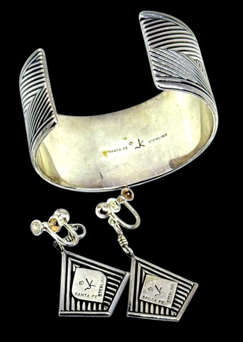 Santa Fe Navajo Artist JK Signed Sterling Cuff and Earrings