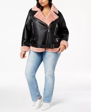 Jou Jou Juniors' Plus Size Faux-fur-lined Moto Jacket Black - Blush Size 3xl