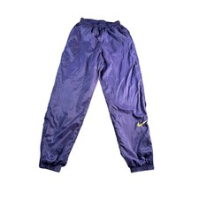 VTG Nike Womens Purple Ripstop Nylon Track Pants Elastic Waist Gold Swoosh Logo