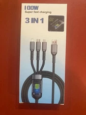 3 In 1 Super Fast Charging Data Cable 100W Transparent Chip Multiple Uses New.