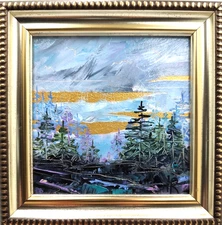 Original oil painting Gold Magic Forest Abstract Painting 4x4in framed