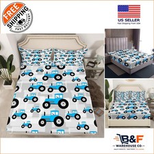 Queen Tractor Bedding Set: Cartoon Fitted Sheet  Pillowcases for Kids' Rooms