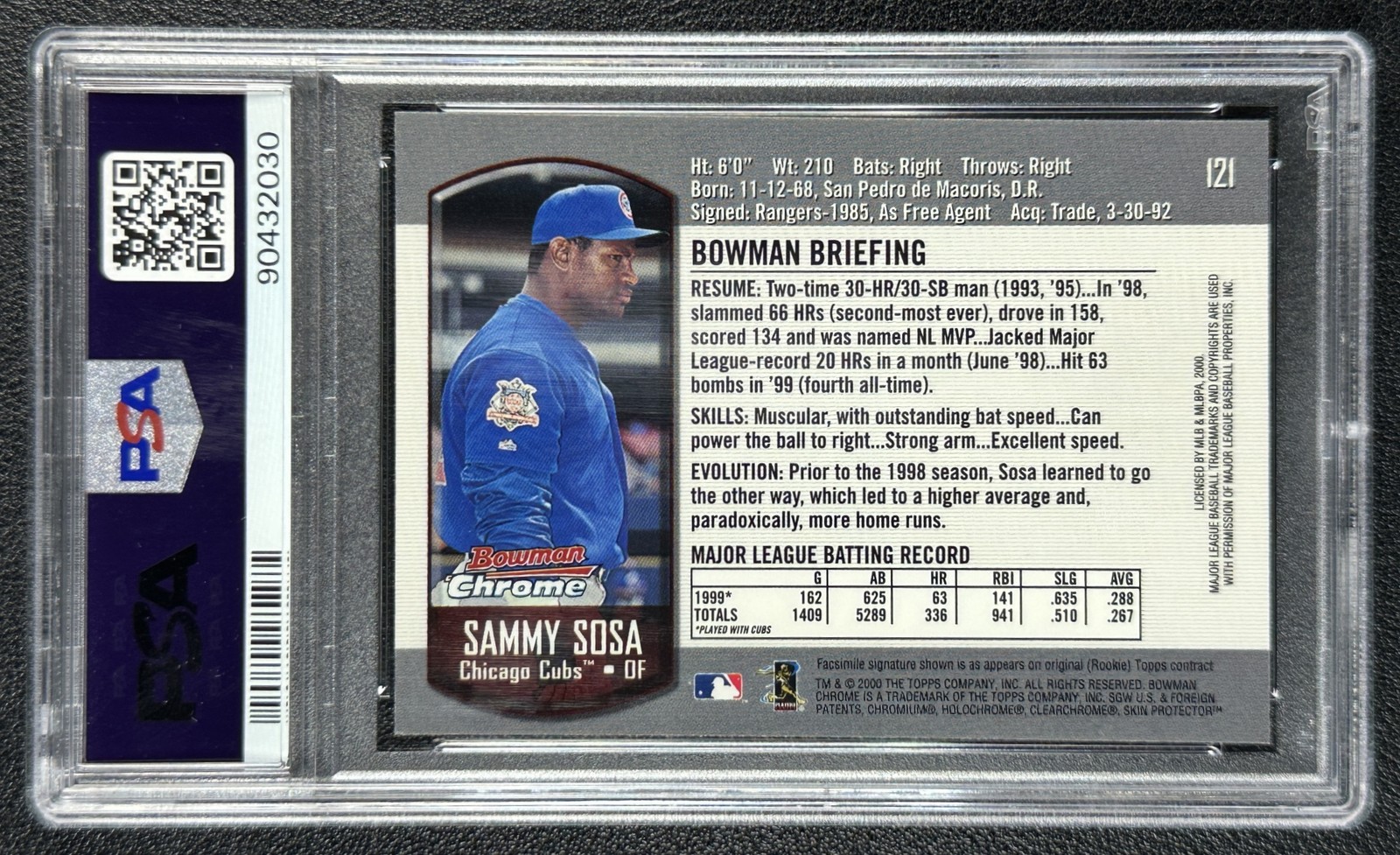POP 8 SAMMY SOSA PSA 10 2000 BOWMAN CHROME #121 CUBS 2030 view 2