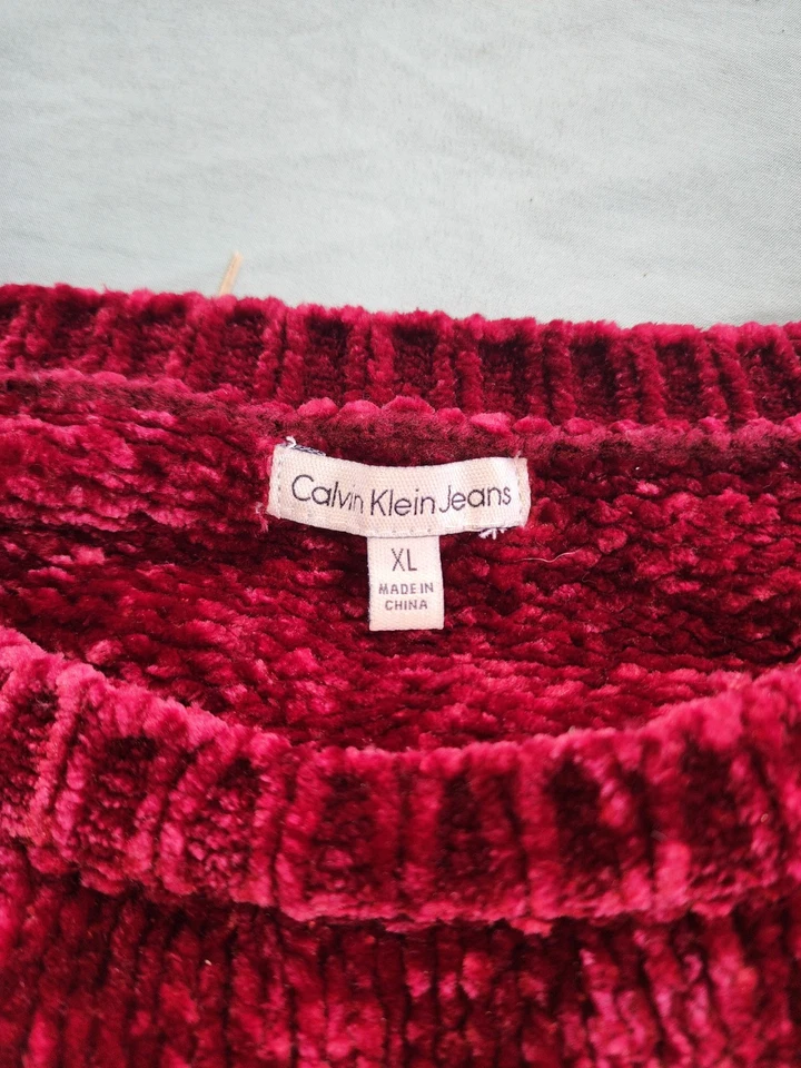 Suéter de malha vermelho chenille boxy robusto tamanho XL Calvin Klein vintage feriado Natal  - Imagem 3 de 4