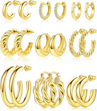 9 Pairs Gold Hoop Earrings Set for Womens Twisted Huggie Hoops Earrings 14K 18K