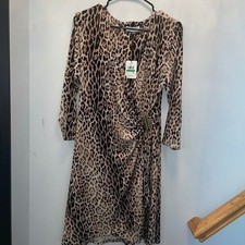 Calvin Klein Leopard Print Faux Wrap Dress Womens L Brown NWT Hardware Detail