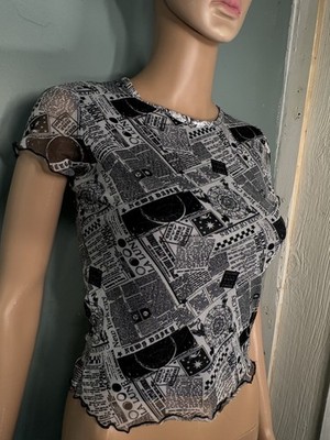 Y2-k Style Black And White With Newspaper Print Baby Doll Shirt Black Ruffle Hem