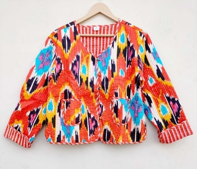 Indisch Orange Ikat Gesteppt 100% Baumwolljacke Handmade Jacke Damen Kleidung US