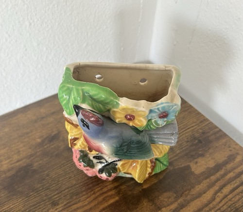Vintage Ceramic Colorful Bird Wall Pocket Planter Hanging Vase - Picture 2 of 21