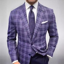 Plaid Blazer Check Men Jackets Slim Fit Notch Lapel Formal Wedding Groom Tuxedo