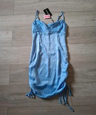 PrettyLittleThing Light Blue Satin Ruched Side Strappy Bodycon Dress BNWT UK12