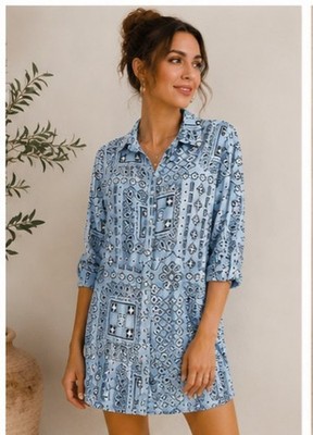 Rachel Zoe Blue/Black Paisley Linen Blend Woven Button-Down Long Sleeve S