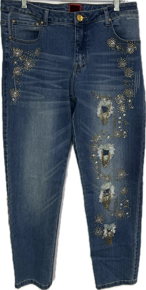 Pantalones de mezclilla ajustados Y2K V Cristina para mujer talla 12 cadenas adornadas estrás desgastados Foto 2 de 4