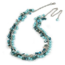 Collar de cadena de vidrio azul claro, pepita de tono plateado color azul claro - 60 cm L/