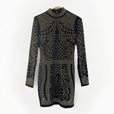 Fashion Nova Dress Sz M Brightest Gem Embelished Long Sleeve Black Gold Backless