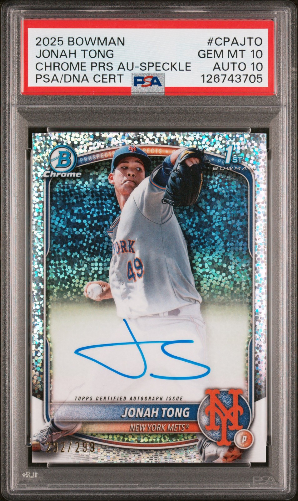 2025 BOWMAN CHROME PRSPCT AUTO #CPAJTO JONAH TONG 292/299 PSA 10 AUTO 10