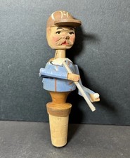 Vintage Carved Figural Wood Wine Bottle Cork Stopper Mechanical Baseball Player