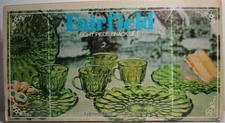 Vintage Anchor Hocking Glass Snack Set Fairfield Avocado Green 8-Pieces BOX