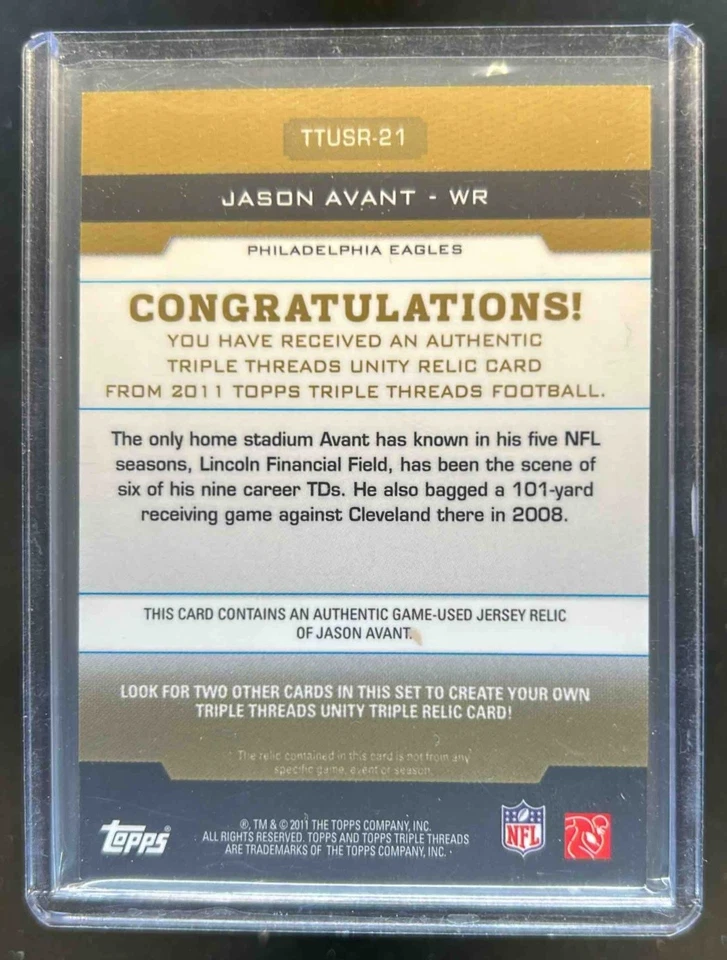 2011 Topps Triple Threads Jason Avant Unity Relics RC Jersey Gold #/9 Eagles - Image 2 of 2