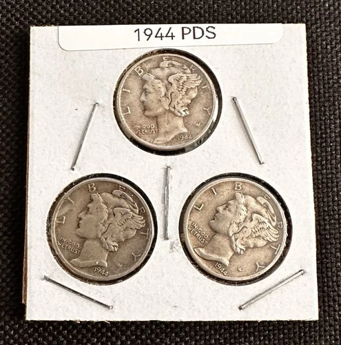 (LOT OF 3) - 1944 PDS MERCURY SILVER DIME 90% SILVER US COLLECTIBLE COIN #2