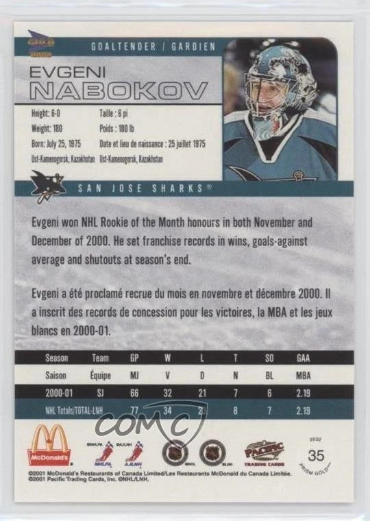 2001-02 Pacific Prism Gold McDonald's Evgeni Nabokov #35 - Image 2 of 2