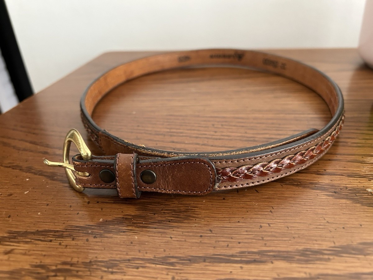 Braided Tan Leather Belt with Brass Accents Vtg Braided Leather Rope Belt Brown Brass Tone Buckle Adjust  main image 3