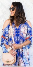 astr the label Tile Print Patterned V Neck Kaftan Cold Shoulder Dress Size L