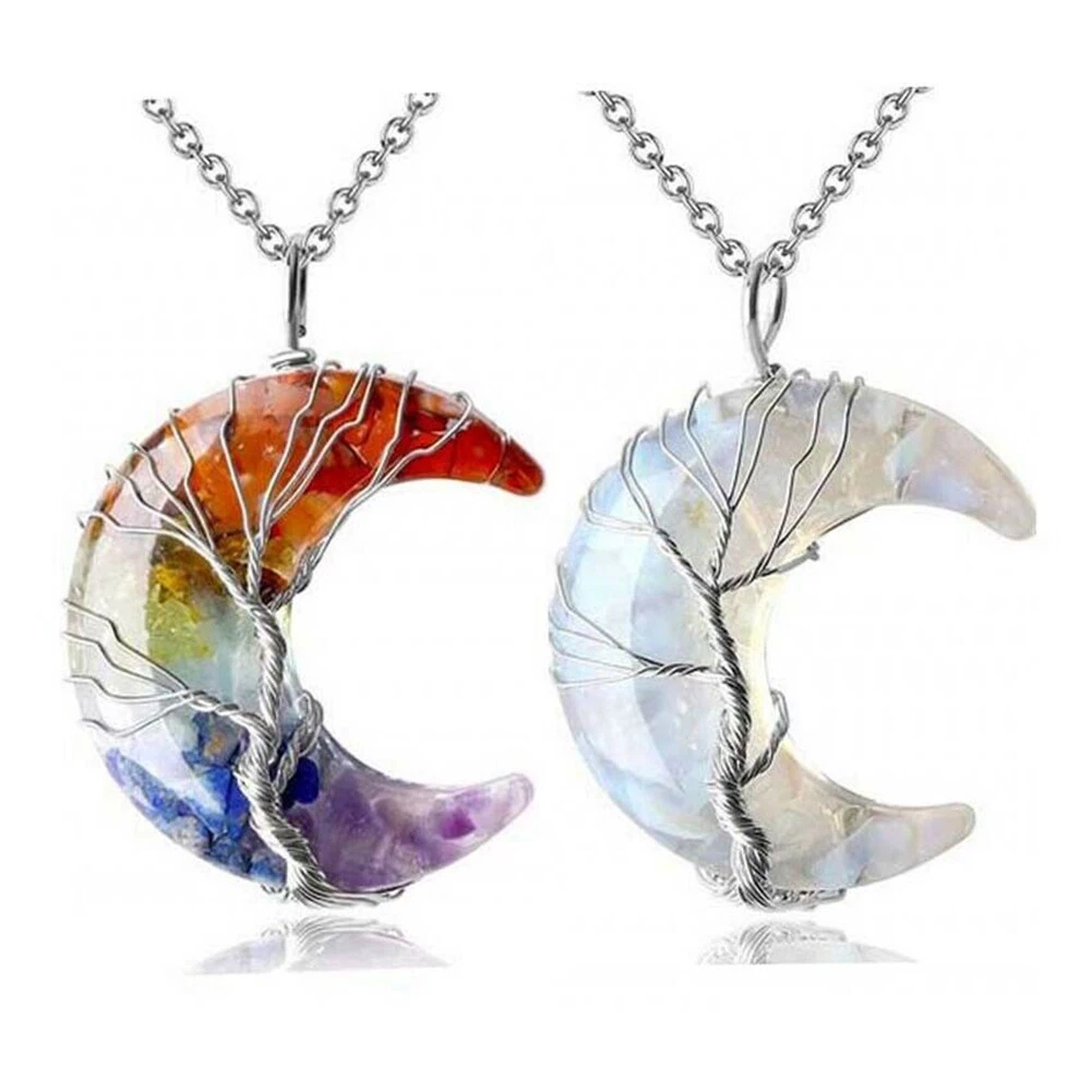 Natural Tree of Life Crescent Moon 7 Chakra Crystal Stone Pendant