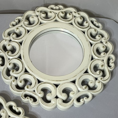 Set Of 3 Round Wall Accent Mirrors Creamy White With Distressed Gold Shabby - Picture 4 of 7