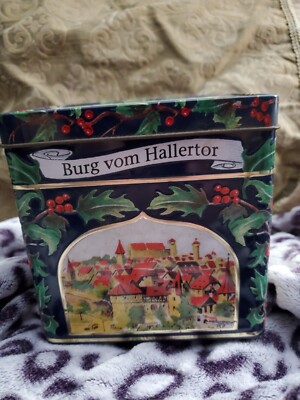 Vtg Lambertz Cookie Tin Music Box Germany Burg Vom Hallertor  5'' works 