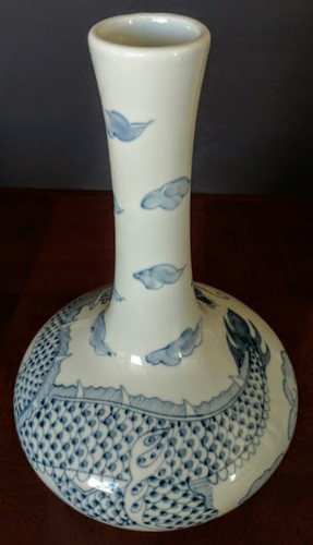 "FRASCO DE DRAGÓN" coreano de principios del siglo XX azul-blanco bajo esmalte "¡Buen estado! - Imagen 6 de 8