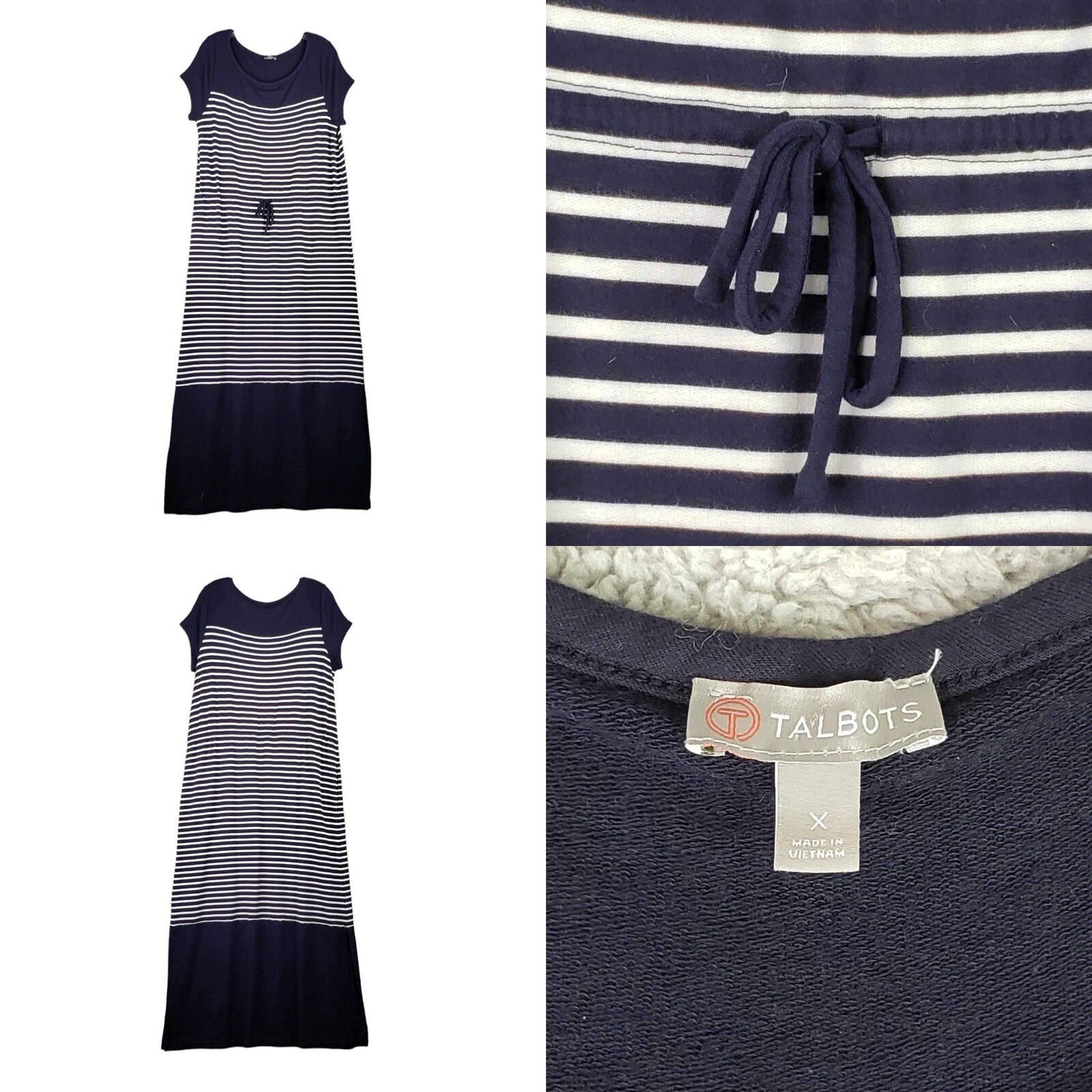 Talbots Maxi Dress Stretch Short Sleeve Size XL Striped Navy Blue White Modal-image