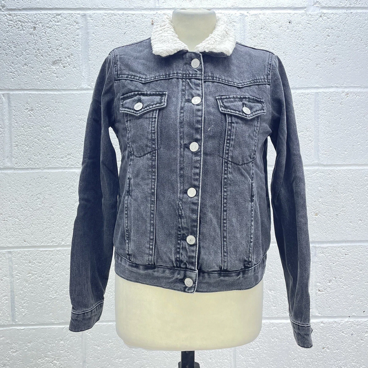 TOPSHOP MOTO DENIM JACKET BLACK SHERPA LINED FLYING THICK SHOULDER PAD Y2K UK 8