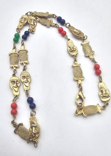 Faces And Beads Necklace Vintage 25" Quirky Artsy Creepy Unsigned - Picture 4 of 5
