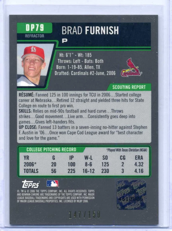 BRAD FURNISH 2006 Bowman Draft CHROME BLUE REFRACTOR AUTOGRAPH #147/150 - Image 2 of 2