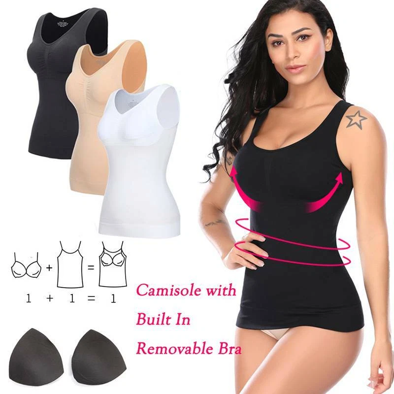 UK Ladies Women Cami Shaper Built In Padded Bra Tank Top Slimming