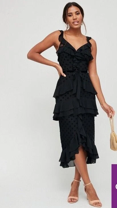 V by Very Polka Dot Chiffon Frill Midi Women Dress Size 10 Black
