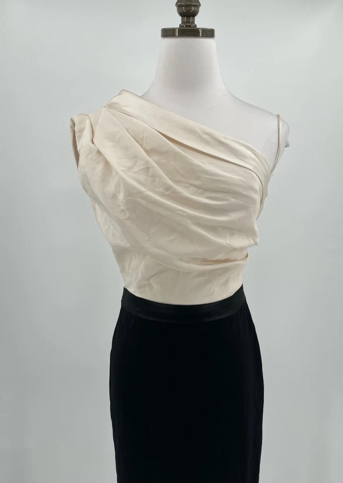 Dina BAR-El Womens Ivory Black Single Shoulder Draped Neck Sheath Dress Sz 2 - Image 2 of 4