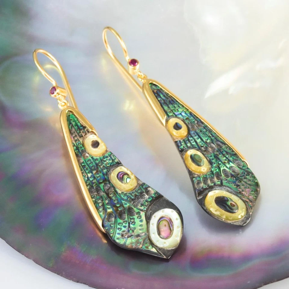Dragonfly Wing Earrings Abalone Carving Gold Vermeil Sterling Silver Ruby 6.25 g - Image 3 of 4