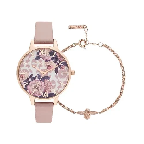 Olivia Burton Wildflower Women's Vegan Watch & 3D Bee Bracelet Gift Set, 34mm