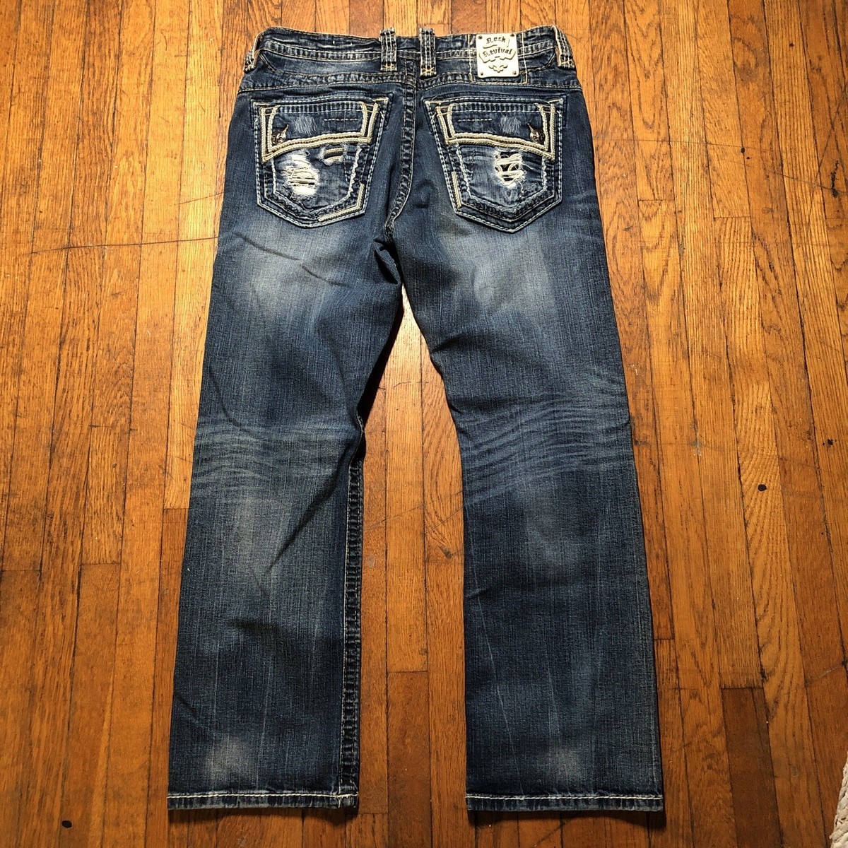 Rock Revival Zed Straight Jeans Men's Size 36 Blue Distressed