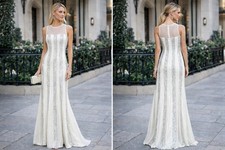 Scala Ashley Lauren Ivory Silver Beaded Sequin Striped Silk Satin Gown sz 4