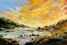 Impressionist Irish Sunset over the sea signed oil painting on board