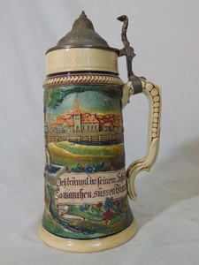 German Lidded Beer Stein Castle Scene Village Church Man at Fountain 1166