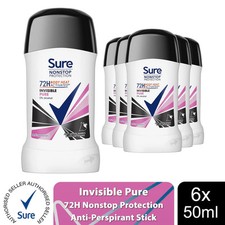 Sure Women Invisible Pure Antiperspirant Stick 72H Nonstop Protection, 6x50ml