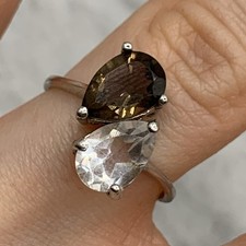 925 Sterling Silver CZ & Smoky Quartz Pear Cut Toi Et Moi Ring  - Size L