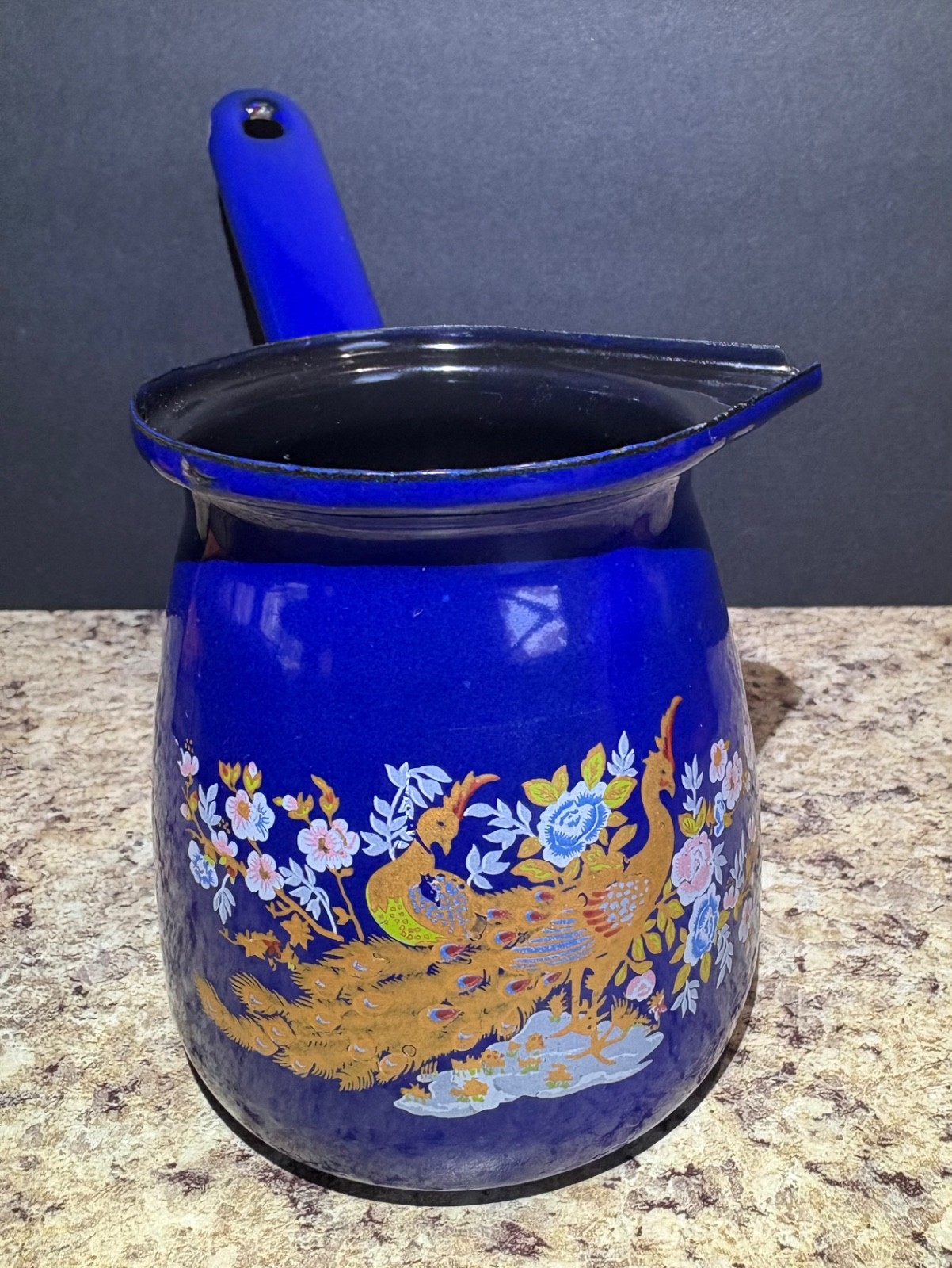 Turkish Coffee Pot Cobalt Blue Enamel Gold Peacocks Ibrik Ce